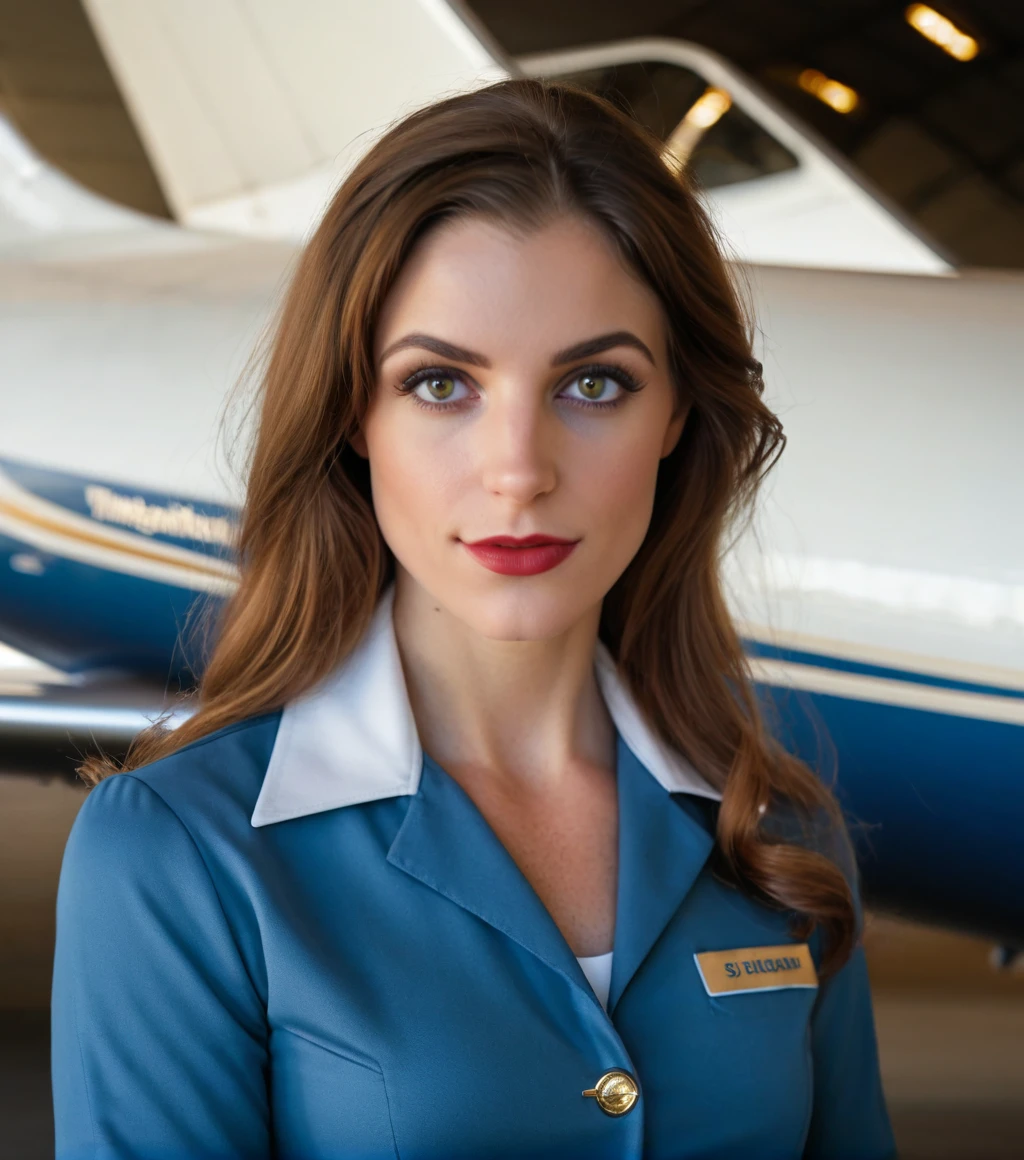 <lora:b3cc4_11XL-000007:0.9>, a polaroid photograph (medium close up) of (beautiful 24 year old) (b3cc4 woman:1.1) as a 1970's airline stewardess,wearing an (olympic blue)(stewardess uniform with long skirt:1.1),standing in airplane hanger with (gulfstream g-5 jet aircraft:1.2) in background,long dark hair,lips,makeup and eyeshadow,(face focus),photorealism,realistic lighting,(bokeh),realistic shadows,masterpiece,Award-winning photography,realistic skin texture,UHD HDR,8K wallpaper,Hyperrealistic, Hyperdetailed, subsurface scattering, heavy shadow, best quality, rule of thirds, Intricate, High Detail, 16mm, color graded portra 400 film, detailed pupils, 35mm photograph, professional