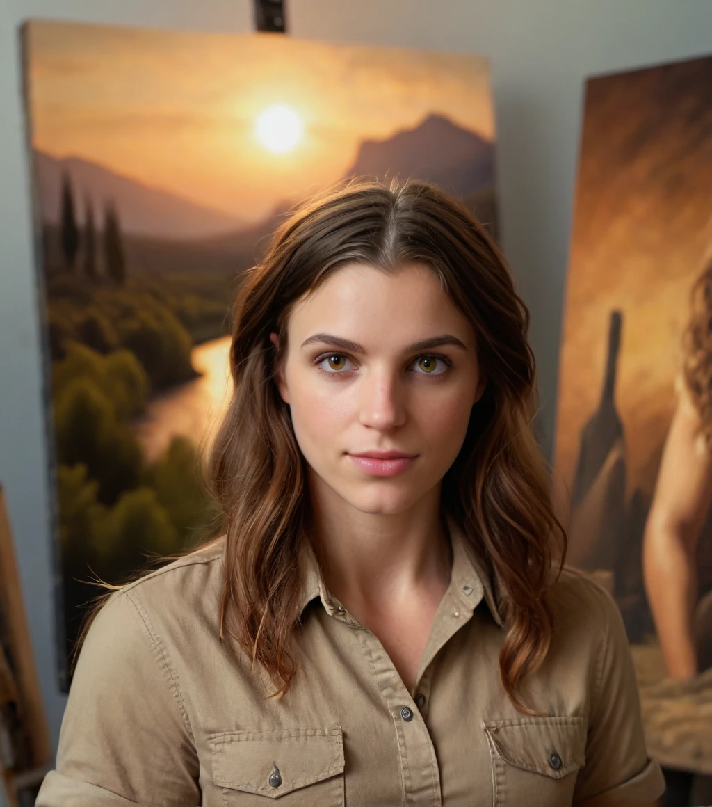 <lora:b3cc4_11XL-000007:0.9>, a (medium close up) photograph of (beautiful 24 year old) (b3cc4 woman:1.2) as a famous artist,(painting a masterpiece landscape portrait:1.3),long dark hair,wearing a tan shirt and black cargo pants,in an art studio,surrounded by sculptures and unfinished paint canvases,photorealism,realistic lighting,(bokeh),realistic shadows,masterpiece,Award-winning photography,realistic skin texture,UHD HDR,8K wallpaper,Hyperrealistic, Hyperdetailed, subsurface scattering, heavy shadow, best quality, rule of thirds, Intricate, High Detail, 16mm, color graded portra 400 film, detailed pupils, 35mm photograph, professional