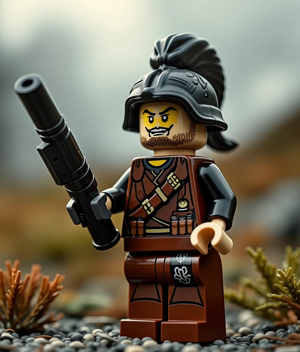 lego,a man holding gun and standing on battlefield, 