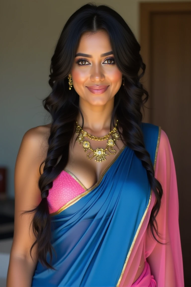 Small Breasts,
A woman is wearing a blue and pink sari. There is a gold necklace around her neck. The woman has long black hair that is in a braid. 