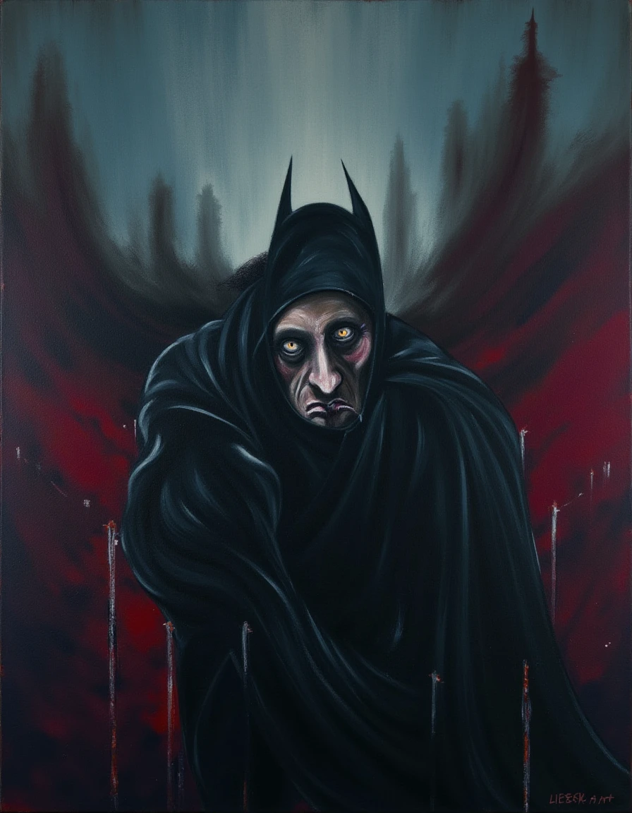 In a dramatic and surreal reinterpretation of the iconic superhero, a Francis Bacon-style portrait of Batman emerges. The composition features a distorted, contorted figure cloaked in ominous black shadows, the cape billowing around him like dark storm clouds. The background is an abstract whirlwind of chaotic brushstrokes in deep burgundy and muted teal, evoking a sense of turmoil and tension. 

Batman's face is partially obscured, with haunting, elongated features that convey a sense of anguish and isolation; his piercing eyes glow with a haunting intensity reminiscent of a caged animal. The texture of the canvas gives the impression of raw emotion, with thick layers of paint creating a palpable depth. The air around him seems charged with an electric energy, encapsulating the essence of his eternal struggle against inner demons and external foes.

Fractured forms, suggesting the grim contours of Gotham City, loom behind him, while splashes of vibrant red capture the essence of danger that constantly trails in his wake. The overall atmosphere resonates with a blend of melancholy and resolve, as if the painted figure is caught in a fierce battle not just with villains, but with the very fabric of his own tortured identity.