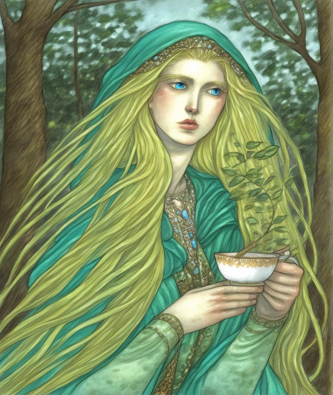 1girl, blonde hair, solo, long hair, tree, nature, forest, traditional media, jewelry, painting, (((medium))), blue eyes, very long hair, lips, fantasy, necklace, watercolor, cup, holding, leaf, holding cup, teacup, hood
 <lora:RGv2:1>