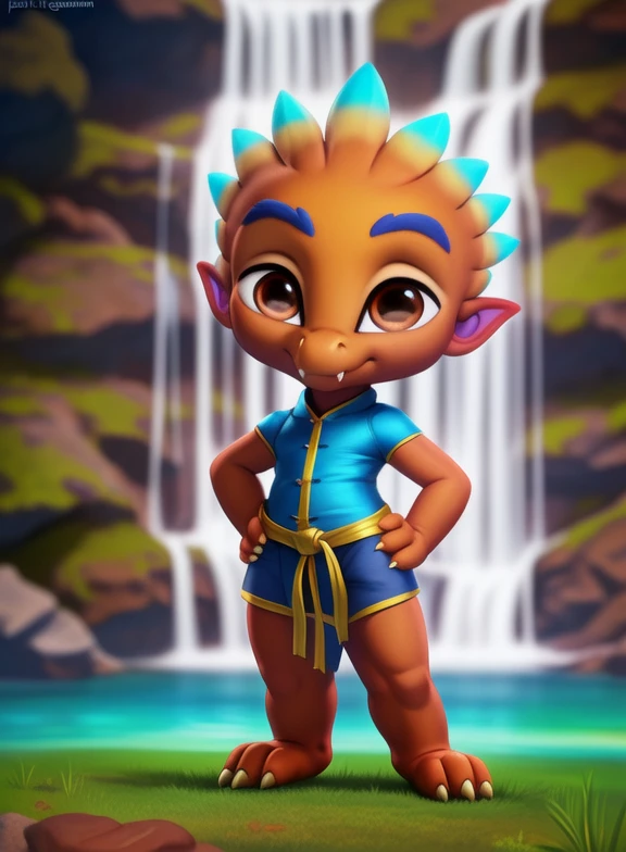 <lora:SpikeGongSupMonYif:1> SpikeGongSupMon, dragon, blue eyebrows, fangs, orange skin,  blue tips of scales on the head,( small ears), yellow claws, brown eyes, light blue shirt, blue belt, dark blue shorts, chibi, 
Looks at the viewer,   day, [  solo, nature, day, clouds, waterfall, flover]  ((Hands on hips, standing, ))
(beautiful, aesthetic, perfect, delicate, intricate, saturated colors), masterpiece, digital drawing, best quality,
by ulitochka, by taran fiddler, by Silverfox5213, by personalami,