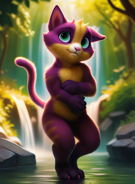 <lora:LinoCatUmaAveYif:0.9> LinoCatUmaAve, cat, pink nails, nude, naced   purple fur with yellow, tail, pink nose, light green eyes,
Looks at the viewer,   day, [  solo, nature, day, clouds, waterfall, flover]   ((dancing ))
(beautiful, aesthetic, perfect, delicate, intricate, saturated colors), masterpiece, digital drawing, best quality,
by ulitochka, by taran fiddler, by Silverfox5213, by personalami,