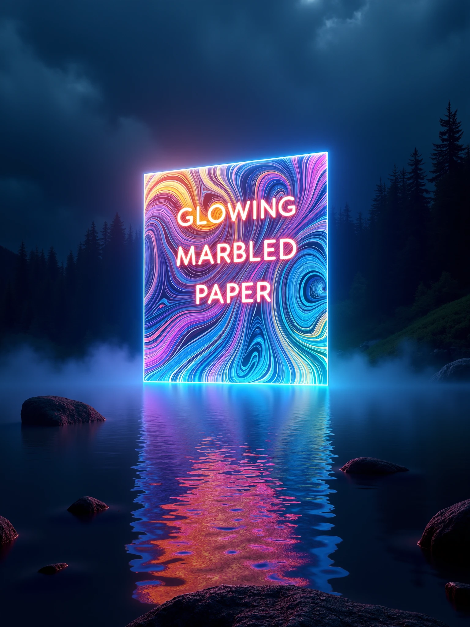glowing colorfulmad-glwngmrbldppr rectangle of mist on it the (glowing text "GLOWING MARBLED PAPER":1.1) out of swirling pattern that resemble marbled paper, serene mountain lake at night dense mist over the water, , <lora:glowing-marbled-paper-flux:0.8>