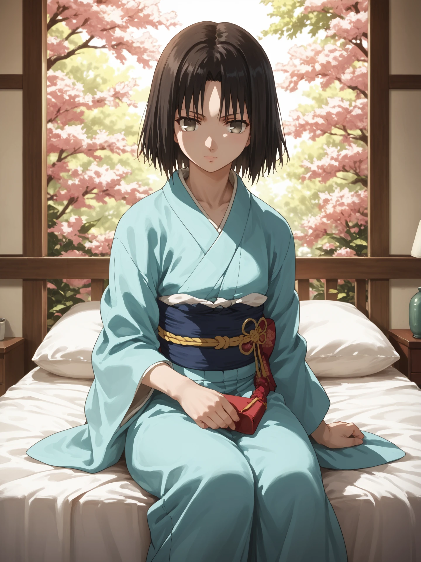 (intricate details:1.1), (detailed background:1.2),(Masterpiece:1.3), (best quality:1.2), score_9, score_8_up, score_7_up,source_anime,1girl,<lora:Shiki_Ryougi:1>,shiki_ryougi, 1girl, solo, japanese clothes, kimono, short hair, sitting, black hair, bed, obi, sash