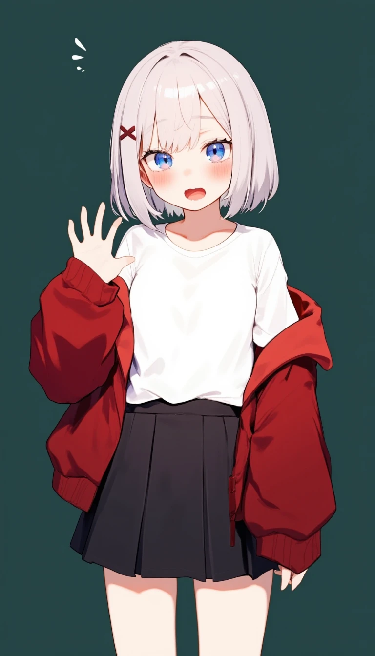 2D anime cartoon of an athletic woman, with very short hair and bangs, wearing casual and waving her hand. She has large eyes, an open mouth in surprise, and is wearing a white t-shirt, black skirt, and a red jacket, set against a dark green background. The character is facing the viewer from a frontal angle. Anime aesthetic in the style of A-idealism. ,hatyuuruinohito style,the0neulost