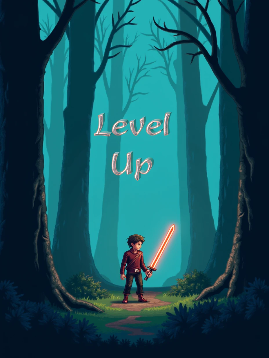 Juaner_font,

On a pixelated forest landscape, there is a line of text “Level Up,” the image shows a character holding a glowing sword