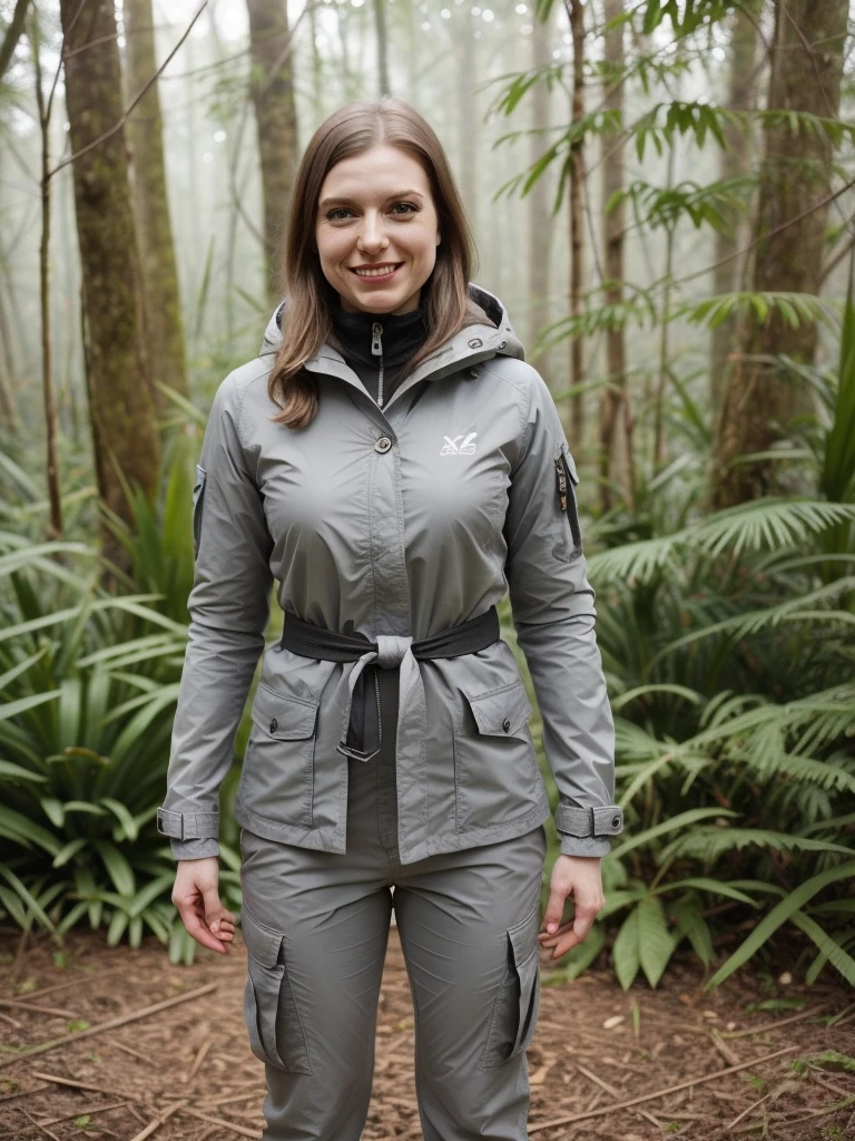 a professional absurdres sharp focus intricately detailed full torso photograph of solo (Stephanie_Shuttler_Manka:1.1) smiling and standing in an Indonesian rainforest wearing cargo pants and a london fog coat, 
 <lora:Stephanie_Shuttler_Manka-SDe13:0.8>