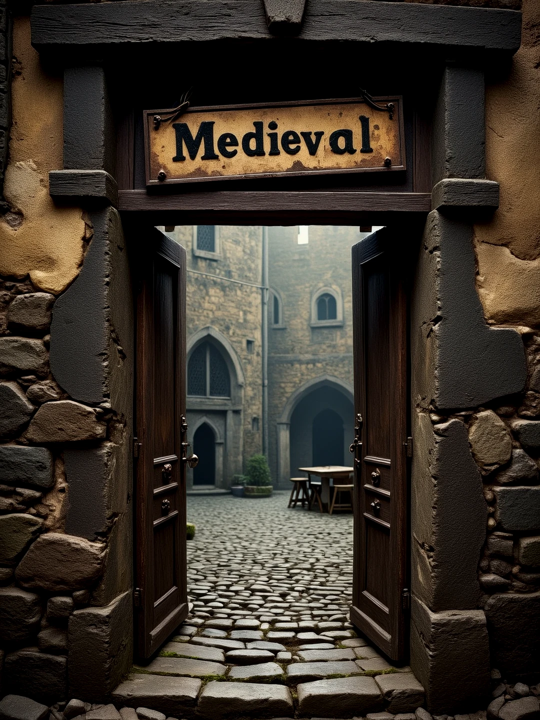 A medieval setting.
An old sign over an open doorway. (text: "Medieval"). The wall is made of dark stone. The door is covered in flaking paint. A courtyard is visible through the doorway.
Atmospheric, moody, rustic, misty.
mdvlCE