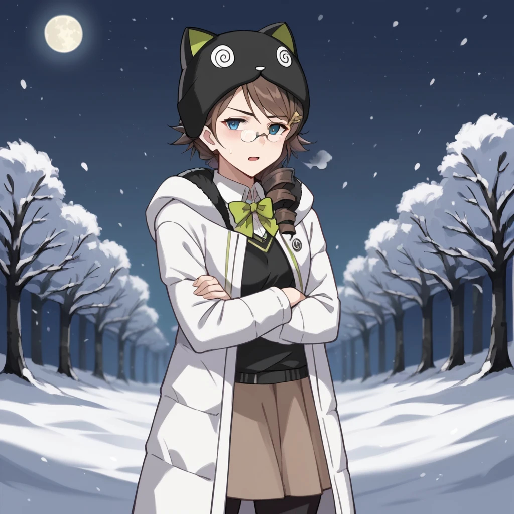 score_9_up, score_8_up, score_7_up, source_anime, masterpiece, best quality, 1girl, solo, Schrodinger, Erwin_VN, moon light, starry sky, night sky, snowing, forest, standing, crossed arms, breath, open mouth, annoyed, looking at you, cold blush, brown hair, blue eye, drill hair, animal hat, pince-nez, glasses, green bowtie, pleated skirt, brown skirt, black vest, white shirt, black headwear, collared shirt, winter coat, white coat, fur-trimmed coat, hooded coat, open coat, black pantyhose, mature body, dynamic cowboy shot, outdoors, sky clouds background