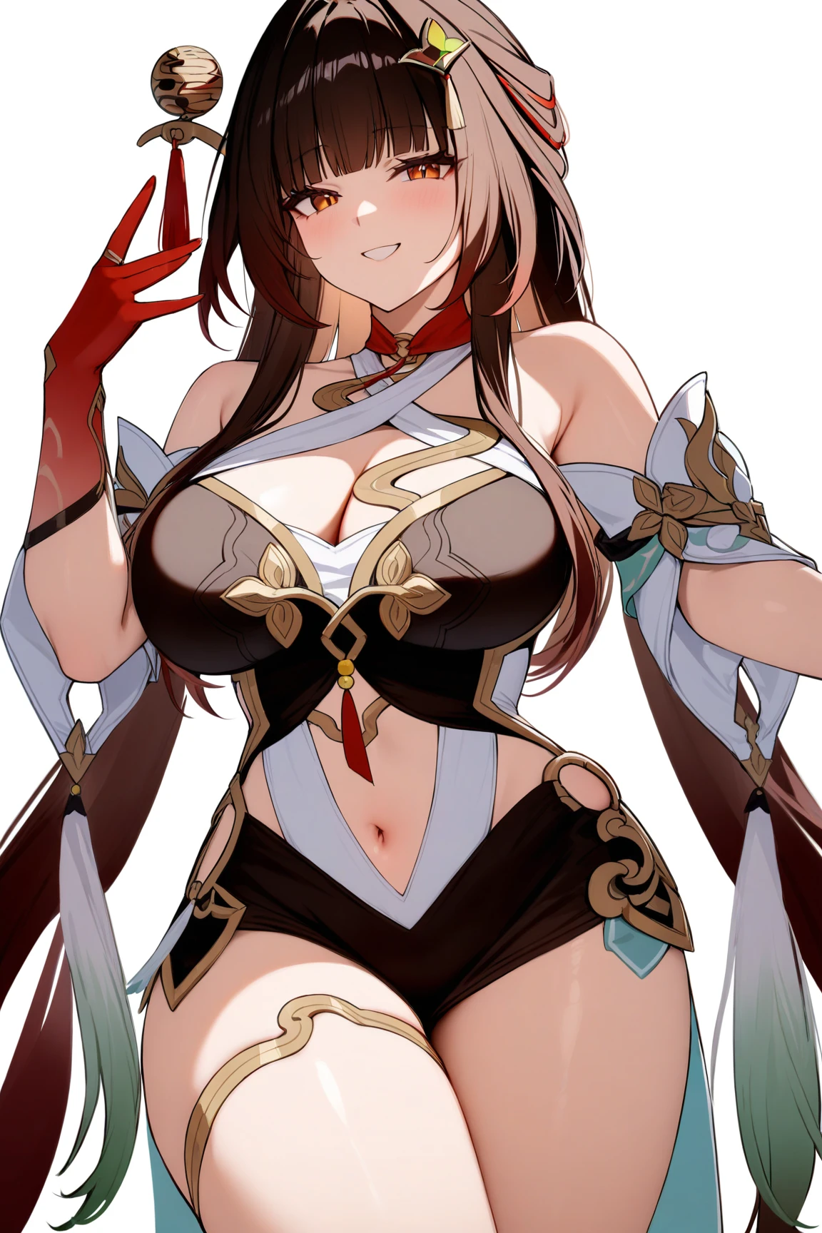 senti, silver hair, red eyes, hair ornament, multicolored hair, long_hair, gloves, breasts, 1girl, elbow_gloves, dress, navel, tail, mole, looking_at_viewer, jewelry, red_dress, bangs, black_hair, solo, large_breasts, mole_under_mouth, thighs, navel_cutout, earrings, red_gloves, chinese_clothes, china_dress, mole_under_eye, center_opening, bare_shoulders, arm_behind_head, shiny_skin, covered_, revealing_clothes, lips, armpits, smile, huge_breasts, tied_hair, signature, hip_focus, shiny, rating:safe, underboob, parted_lips, blush, pelvic_curtain, simple_background, piercing