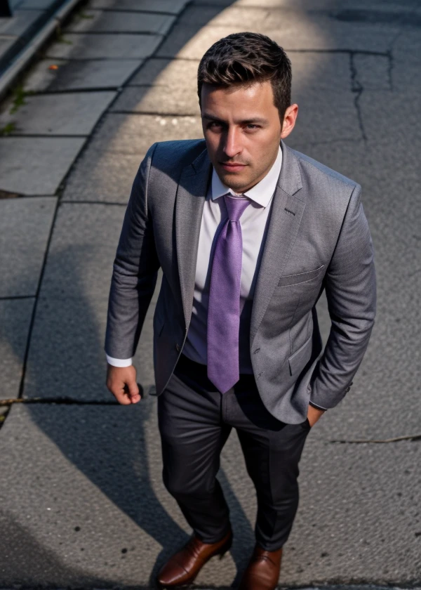 <lora:LATIN:0.8> 1boy, male focus, solo, realistic, guy wearing light gray suit, light purple dress shirt, solid gray tie, brown leather loafers in a dark street, golden hour , award-winning , moody lighting , shot on Nikon D750, From Above <lora:LCM_LoRA_Weights_SD15:1> AnimateLCM_sd15_t2v_lora,  8k, portrait, best quality <lora:detailSliderALT2:0.8>