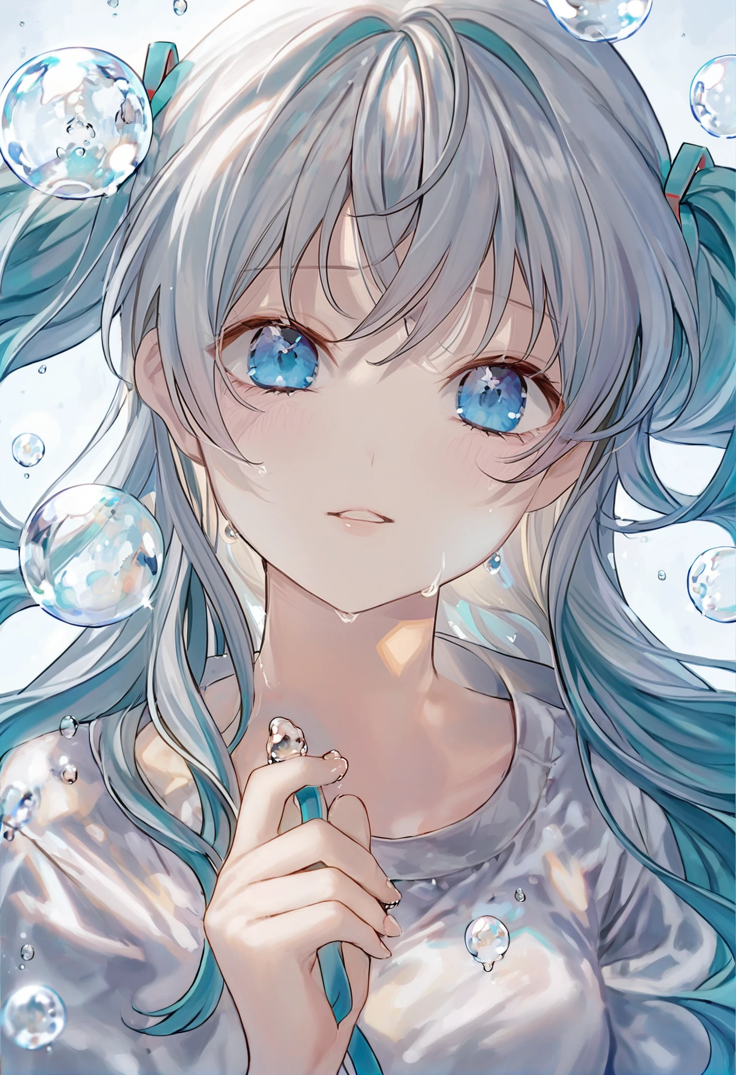 masterpiece, best quality,1girl, solo, hatsune miku, blue eyes, bubble, looking at viewer, tears, long hair, crying, holding, white hair, crying with eyes open, portrait, shirt, parted lips 
 <lora:ccroquetteXLlokr4f-000179:0.95>