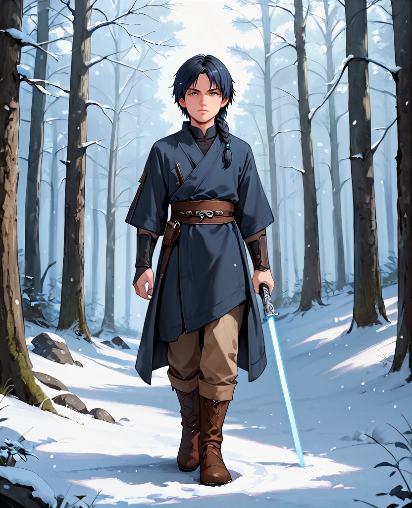 (score_9, score_8_up, score_7_up, score_6_up,) young 21-year-old male jedi knight wearing a blue rune inscribed black tunic and outer robes with trousers tucked into knee high boots, black hair, green eyes, fair skin, peach fuzz on chin, star wars, blue lightsaber, laser sword, long sword  <lora:Jedi_Youngling_Attire:.5> forest, scenery, snowing, winter, armor, braid