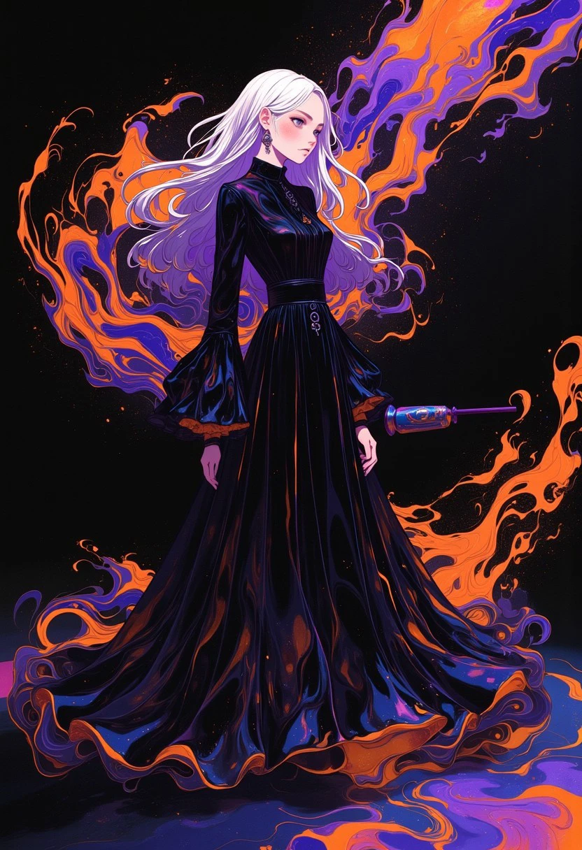 FFAIM, A witch casting colorful magic from her wand, purple black silver orange