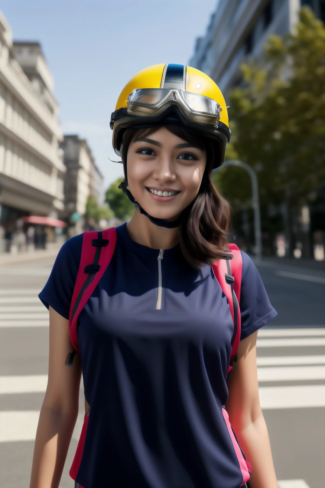 1girl, (solo), brown eyes, smile, goggles_helmet, <lora:goggles_helmet_v1:1>, hand on own hip, bust shot, outdoor, city background, (masterpiece:1.4), extremely detailed, (high resolution), (best quality),