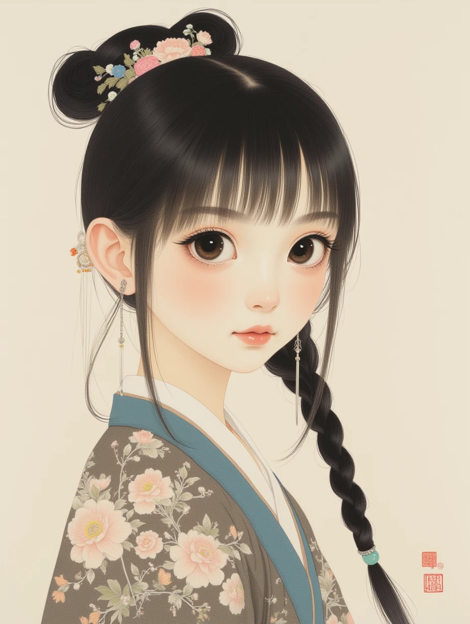 gongbihua,

A girl with straight black hair tied into a single long braid, large expressive eyes, wearing a Song dynasty ruqun with floral motifs, silver hairpins, and a jade bracelet, her hair adorned with a floral headpiece.