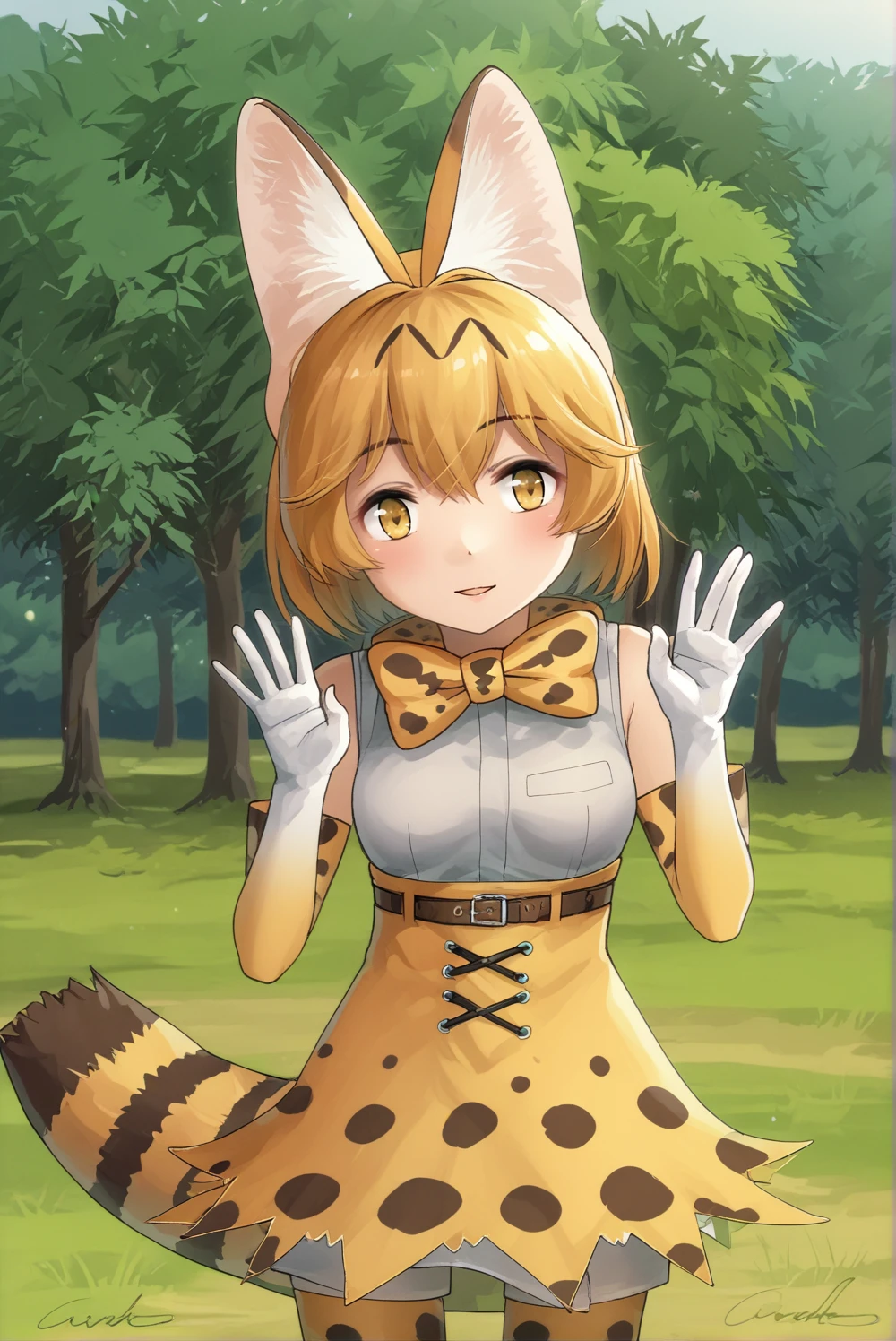 beautiful, masterpiece, best quality, realistic photo 1girl, serval, blonde hair, cat ears, cat tail, high-waist skirt, highres, kemono friends, large breasts, looking at viewer, orange eyes, tail, thighhighs, w arms, white gloves, white shirt, yellow skirt, yellow thighhighs <lora:my_ServalKemonoFriends_v1:0.5>
kairunoburogu <lora:my_kairunoburogu_v1:0.6>