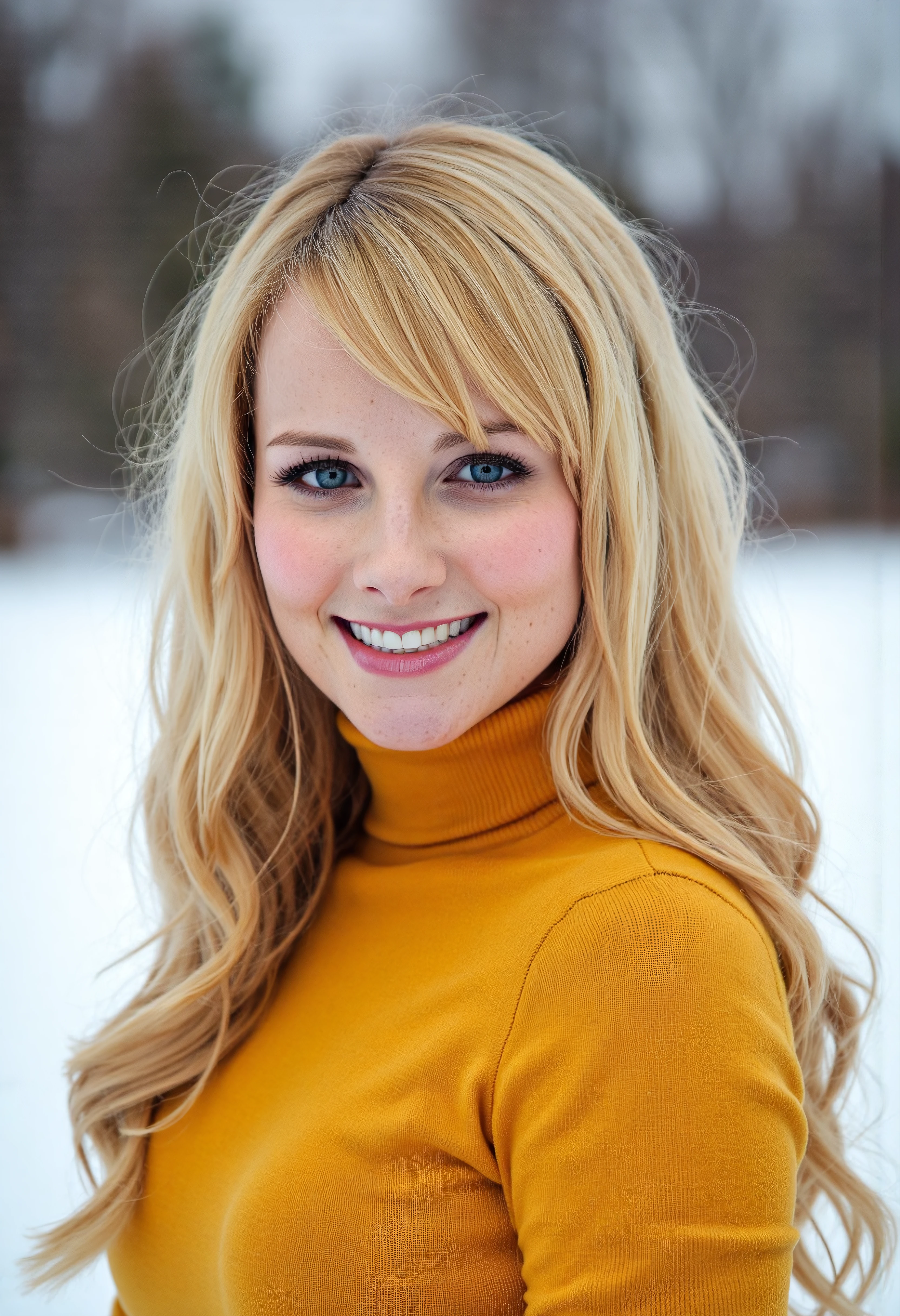 The image is a portrait of Melissa_Rauch woman posing for a photo ,She has blonde long hair,She is wearing a yellow sweater, she is outside in the snow,She has a smile on his face, Upper body photo. She is looking at viewer. Amateur photography