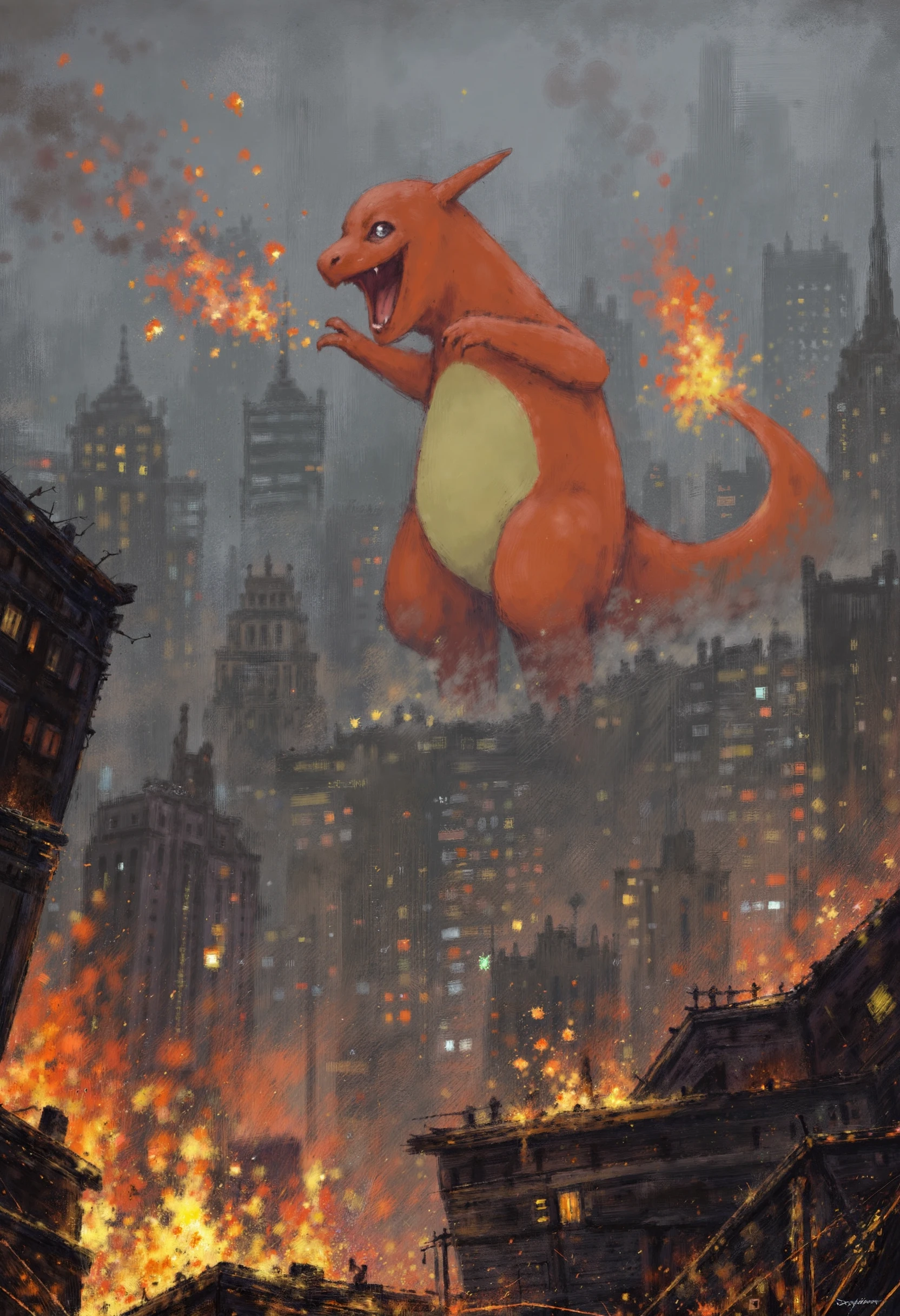 a digital painting rendered in a dark, gritty, and surreal style, a giant charmander is destroying new york city, new york city skysrappers, flame and burning in chaos, the charmander is using fire breath with his open mouth to burn everything around, part of the city is burnt,