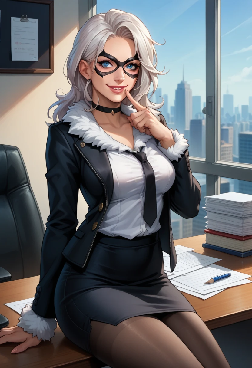 score_9, score_8_up, score_7_up,  source_anime,  BREAK solo, 1 girl, <lora:FNBlackCat-000008:1> ,  BlaCtFN, white hair, mask, blue eyes, choker, fur trim,  black jacket, white shirt, black necktie, office, finger to mouth, seductive smile, sitting, on desk, breasts, pencil skirt, pantyhose,