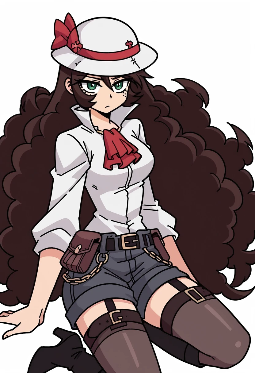 masterpiece, best quality, uncensored, source_anime BREAK score_9, score_8_up, score_7_up, score_6_up, score_5_up, score_4_up, 1girl, solo, mariewright, green eyes, brown hair, very long hair, big hair, curly hair, Expressiveh, hat, white shirt, collared shirt, open collar, puffy sleeves, shorts, belt, ascot, strap, thighhighs, boots, high heels, <lora:Expressive_H:0.6> <lora:add-detail-xl:0.5> <lora:mariewright:0.8> <lora:rabbit_hole:1>