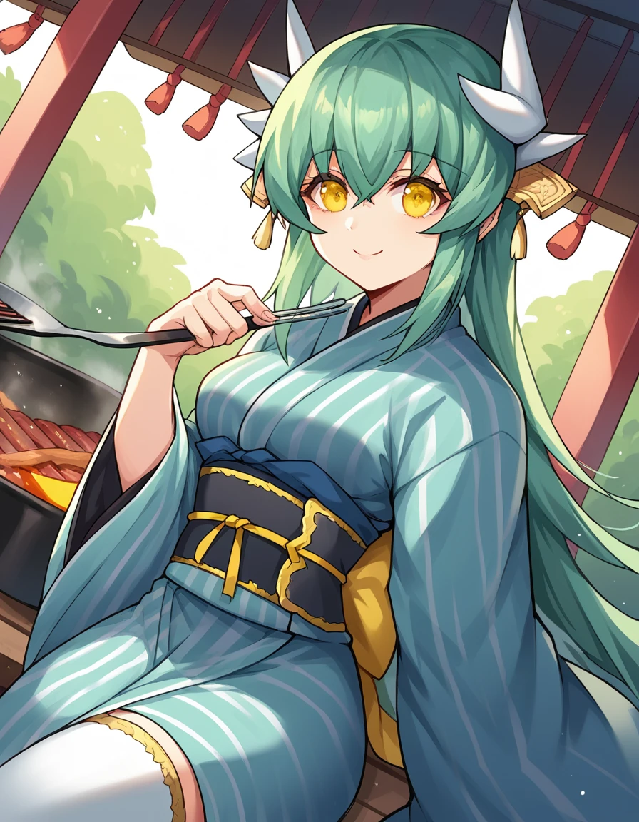 score_9, score_8_up, score_7_up, source_anime, <lora:fgo-kiyohime-ponyxl-lora-nochekaiser:1>,, kiyohime, green hair, dragon girl, dragon horns, horns, long hair, yellow eyes, medium breasts,, japanese clothes, obi, sash, thighhighs, wide sleeves, yukata,, backyard, barbecue, grilling, laughter, summer evening, smile, , hand resting on chin, solo,, cowboy shot, dutch angle