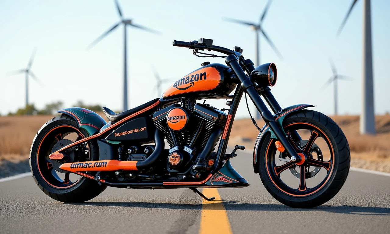 a photo of a custom built motorcycle in the style of occ,Amazon brand theme,  the colors and logo of the brand are found on the bike, the text is perfectly readable,Near a wind farm, dramatic ant-level camera angle, <lora:occ choper style:1>