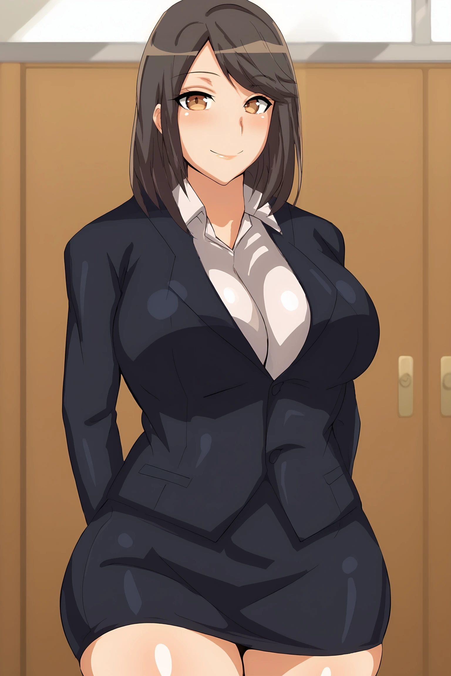 score_9, score_7_up,
BREAK
solo, 1girl, smile, closed mouth, looking at viewer,
<lora:shinkawa-sensei-13:1>, sh1nkawa-sensei, (mature female:0.7),
white shirt, collared shirt, black skirt, black jacket, formal, pencil skirt, miniskirt, business suit, teacher, skirt suit, long sleeves, dress shirt,
BREAK
cowboy shot,
skyscraper, towering height, glass facades, urban skyline,