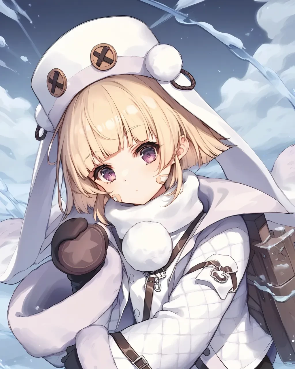 score_9,score_8_up,score_7_up,best quality, 4k, rating_safe, very aesthetic, source_anime,1girl,
<lora:Grozny>,grozny,purple eyes,blonde hair,short hair,bangs,bandaid on face,fur hat,white headwear,white winter clothes,white coat,fur-trimmed sleeves,long sleeves,wide sleeves,black gloves,mittens,black pantyhose,pom pom \(clothes\),white dress,fur-trimmed boots,white footwear,
(upper body:1.2),dynamic angle,,