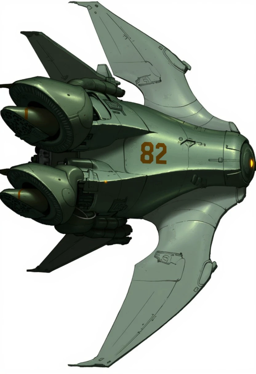 a futuristic, industrial-style spaceship with a sleek metallic exterior. The ship should have a robust, heavily armored body with intricate mechanical details and visible large engines on the sides. Include angular wings and mechanical components, like exhausts or vents, with small glowing lights. The color scheme should be a mix of dark grays, greenish tones, and subtle metallic highlights, with a large number (like 82) painted on the side and various small decals or insignias for realism. The design should feel functional, militaristic, and built for space combat