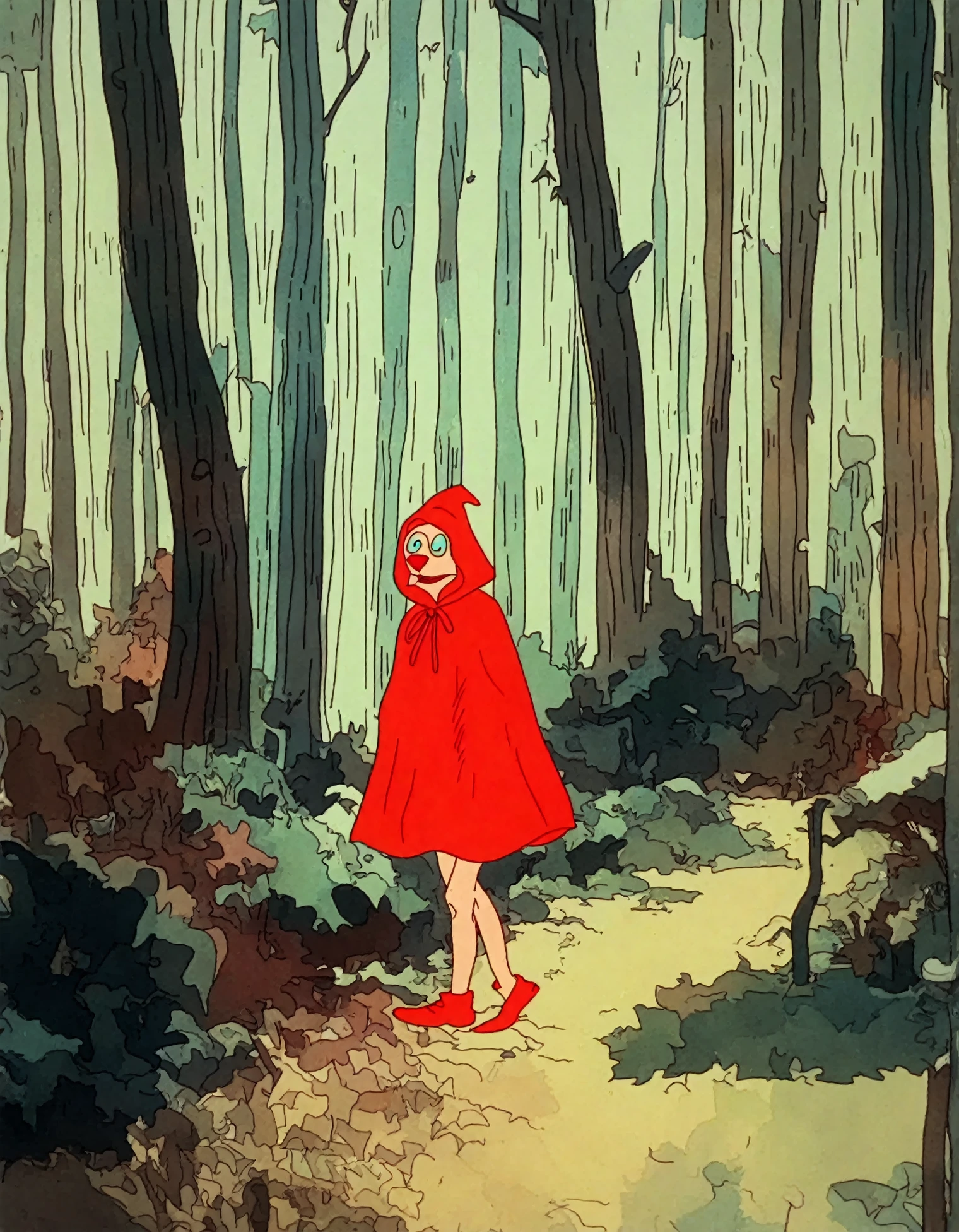 <lora:FritzTheCat_pony_v1:1> a frame from the movie "Fritz the Cat \(1972\)",cartoonish, forest <lora:Little Red Riding Hood_pony_V1.0:1> solo little red riding hood, red hood, red cloak, hooded cloak, score_9, score_6_up, score_7_up