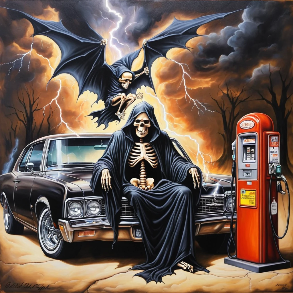 painting,, 11skull11 grim reaper sitting, car, gas pump, lightning reading parchment