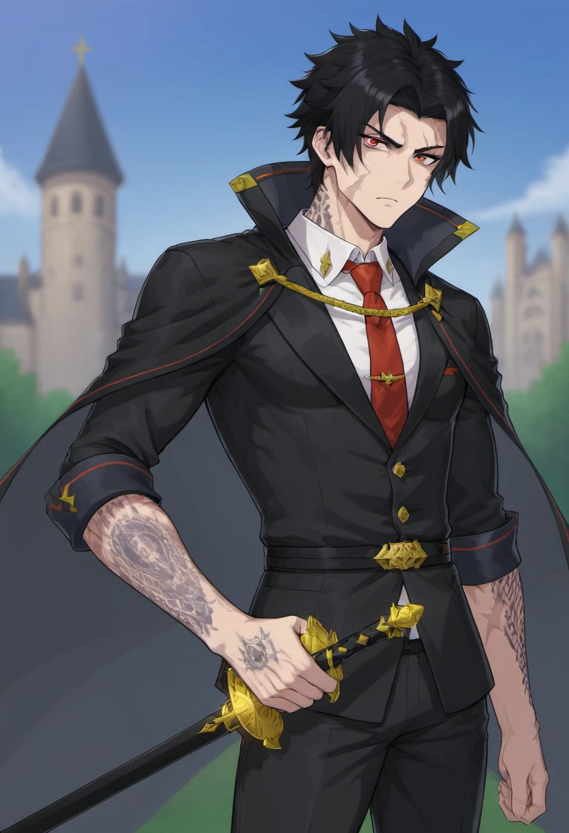 1boy, male focus, <lora:detailed_notrigger:1>, <lora:RViolet:0.8>, RViolet, black hair, middle parted hair, red eyes, tattoos, scars, (black suit:1.1), red necktie, white undershirt, cape, unamused expression, holding sword, manly, muscular, masculine, looking at viewer, outdoors, castle, sfw, best quality, amazing quality, best aesthetic, absurdres, year 2023