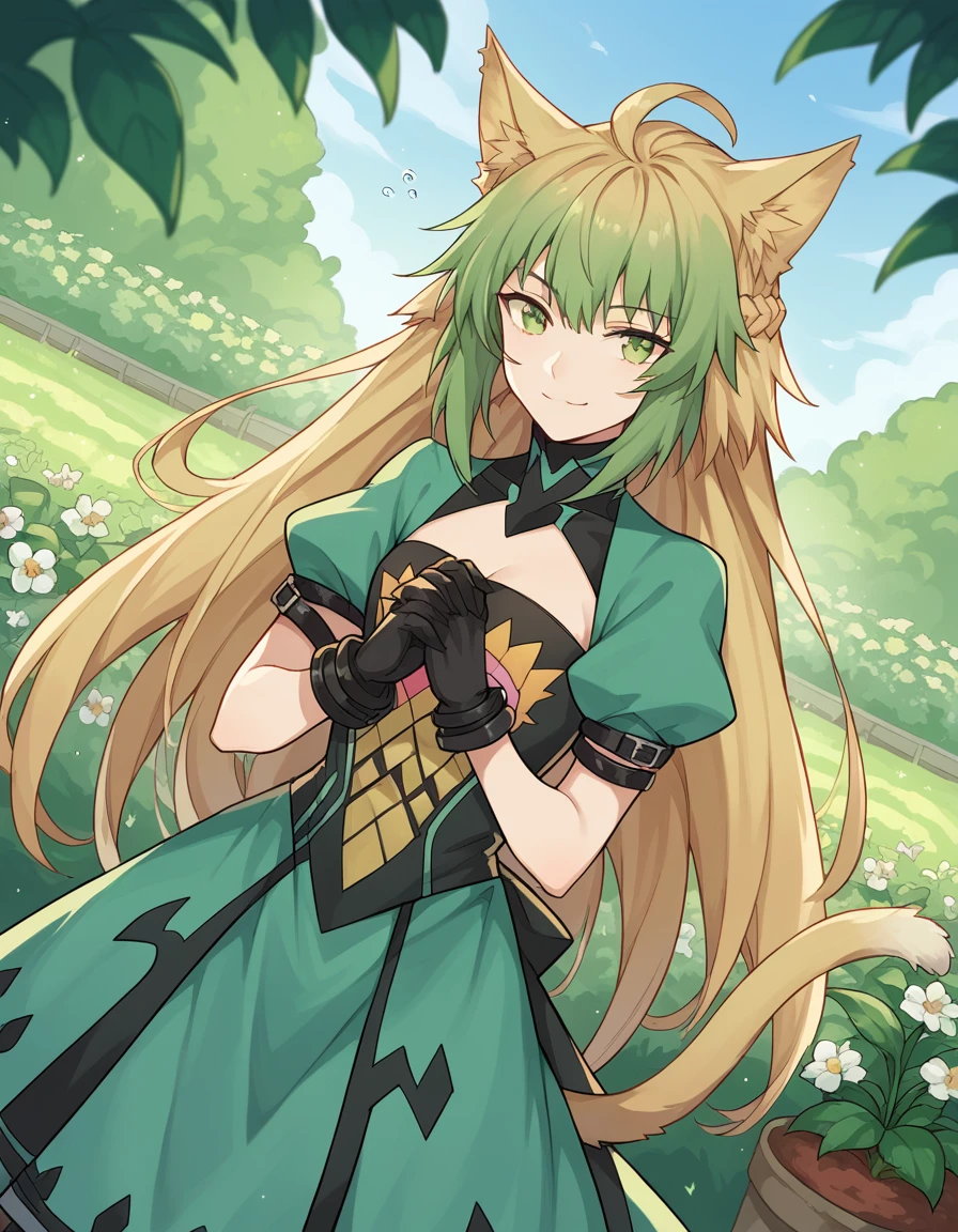 score_9, score_8_up, score_7_up, source_anime, <lora:fgo-atalanta-ponyxl-lora-nochekaiser:1>, atalanta, animal ears, blonde hair, cat ears, cat girl, cat tail, green eyes, green hair, hair between eyes, long hair, multicolored hair, tail,, black gloves, gloves, skirt, dress, green dress, short sleeves, puffy sleeves, juliet sleeves, short skirt, green skirt,, gardening, watering plants, backyard, flowers blooming, sunny day,, smile, looking at viewer, hand shaking hands, solo,, cowboy shot, dutch angle