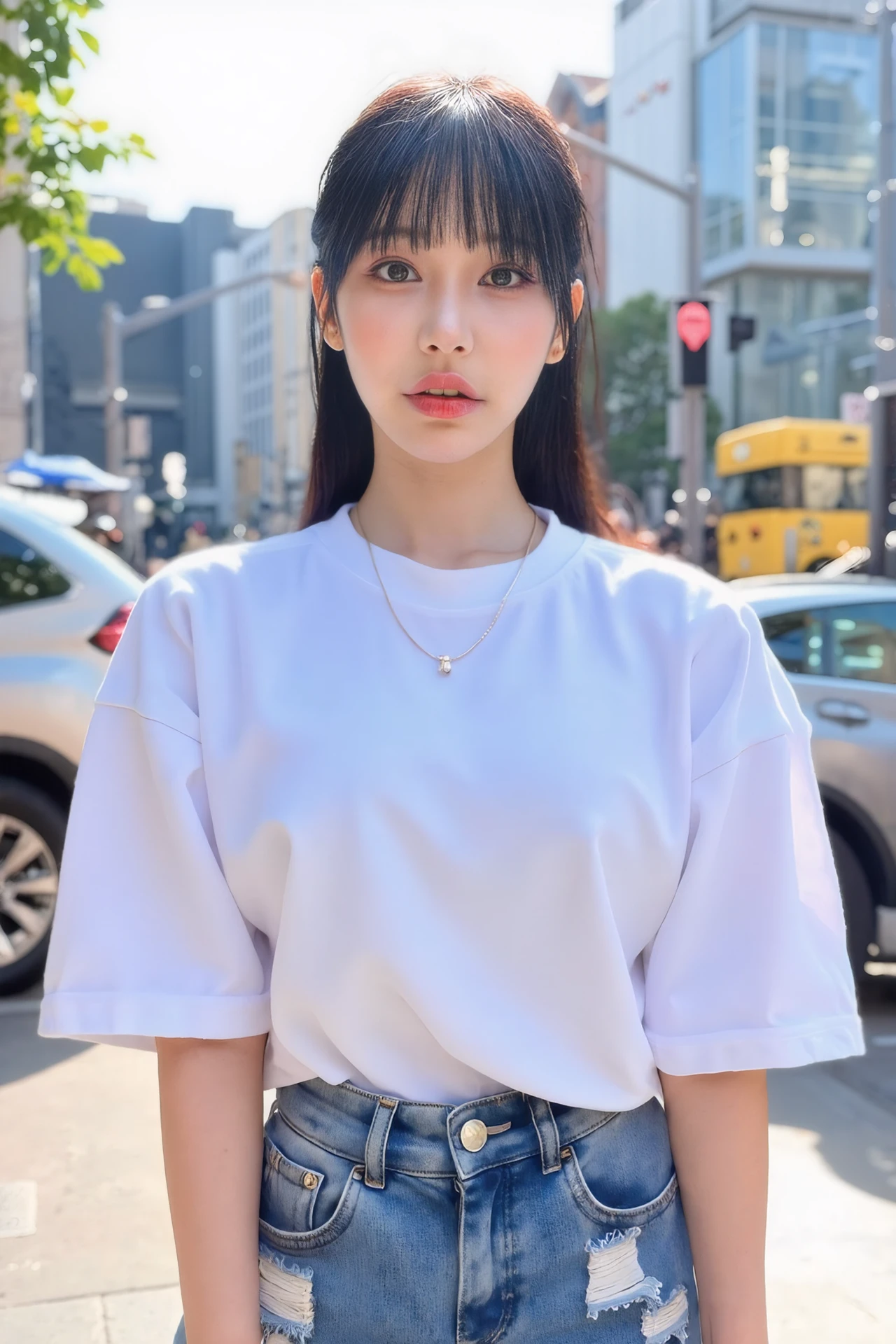 A relaxed, candid shot of BJHaru wearing a simple, oversized white t-shirt tucked into high-waisted, ripped denim jeans. Her casual look is completed with minimal makeup—just a soft peach lip tint and a hint of eyeliner. Her straight, silky hair is loosely tied back in a low ponytail. The backdrop is a trendy, urban cityscape with soft sunlight casting warm shadows, giving off a laid-back, effortlessly cool vibe.