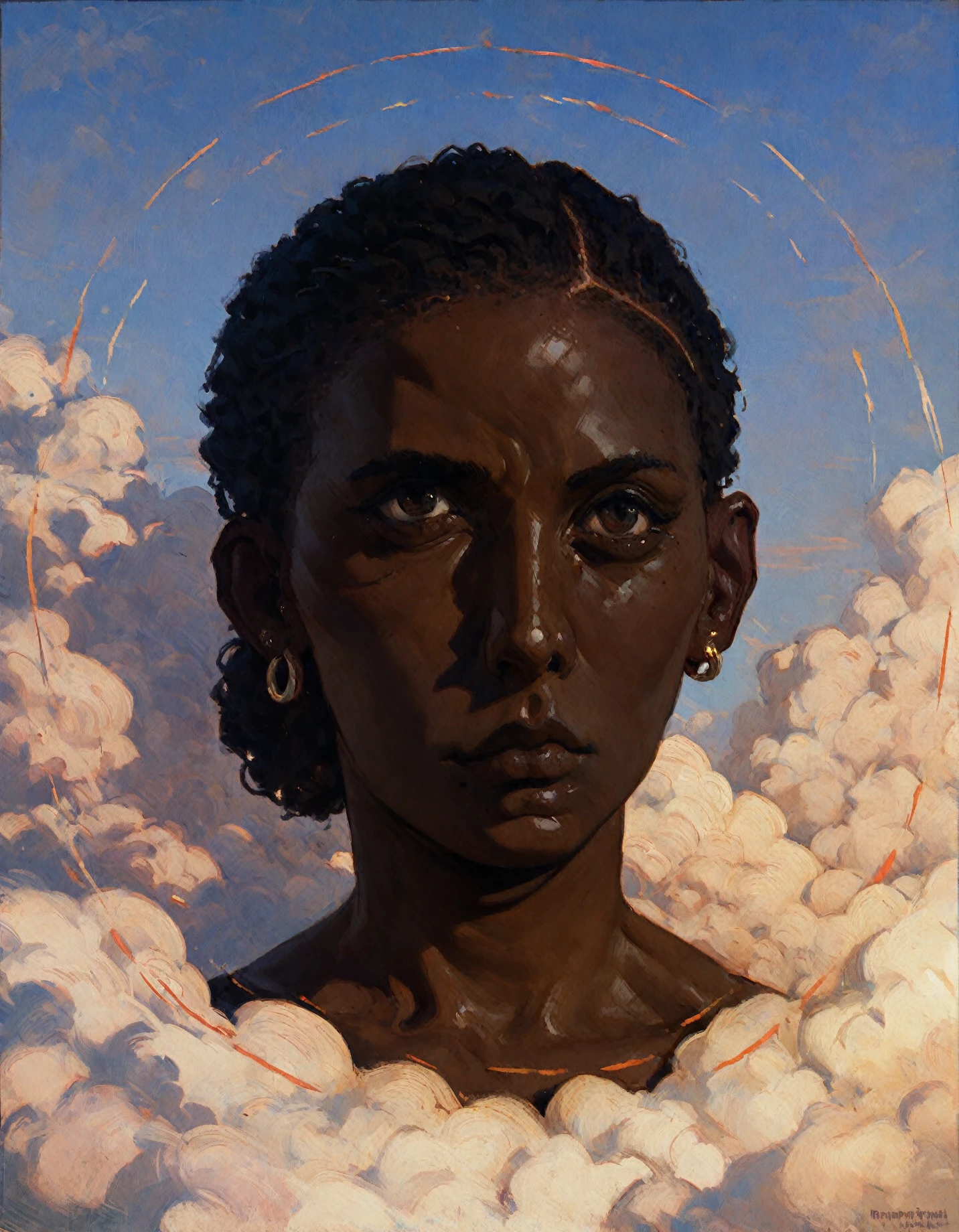 <lora:eugene-jansson_pony_v1:1> ' triba1gir1xl ' by Jansson Eugène in 1910, portrait \(genre\), Symbolism \(style\), <lora:Tribal_Woman:1>  dark-skinned female, dark skin, sky, circular cloud, score_9, score_6_up, score_7_up