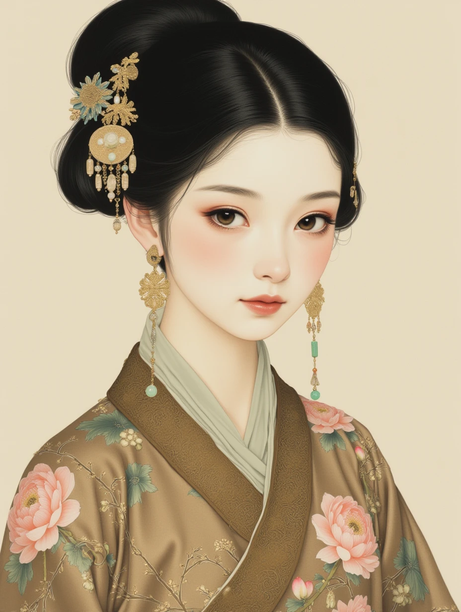 gongbihua,

A girl with silky black hair styled in an elegant bun, narrow phoenix eyes, wearing a Ming dynasty embroidered jacket with lotus designs, gold and jade earrings, and a delicate silk scarf around her neck, with a jade pendant.