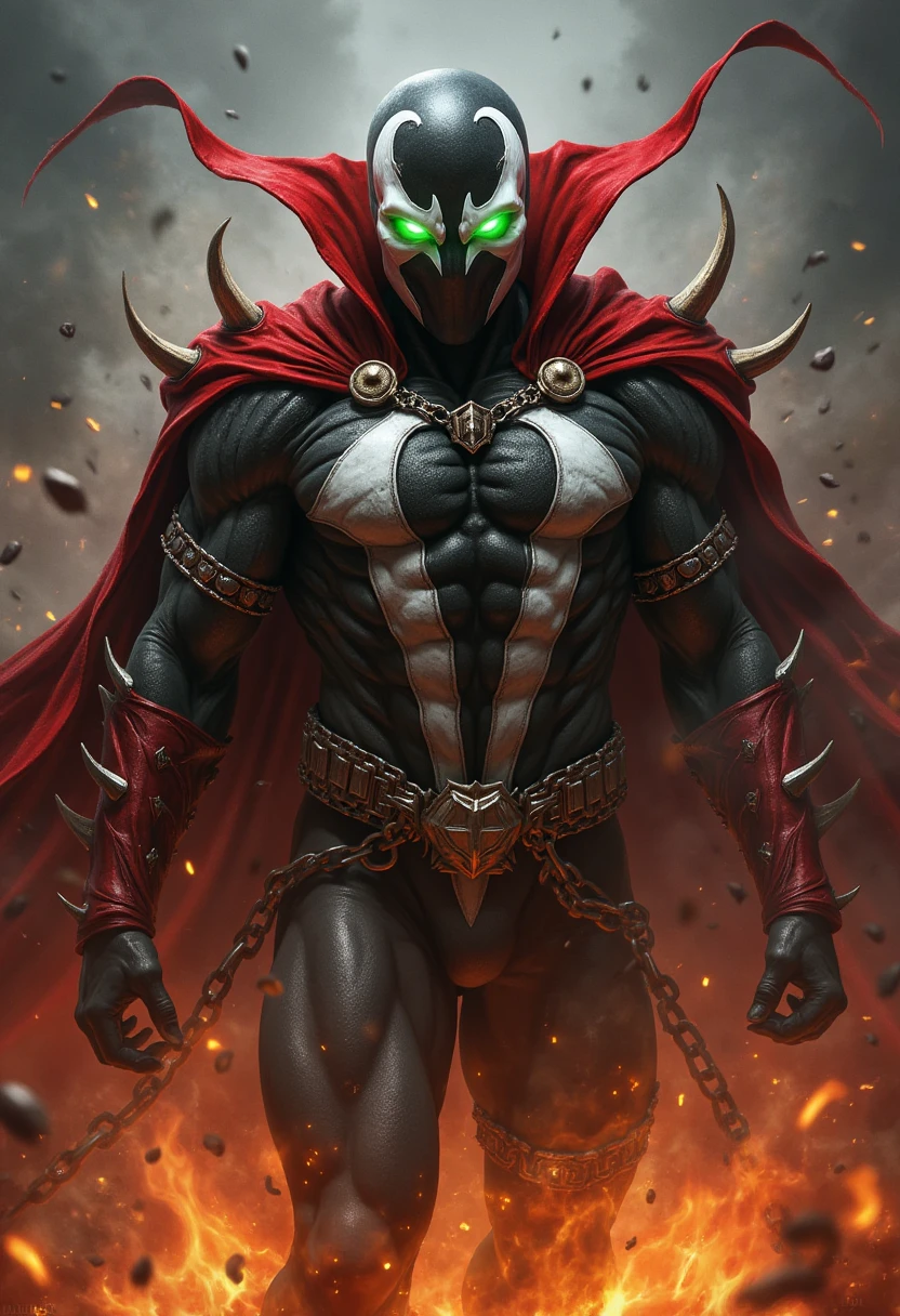 Spawn levitating, green eyes, bw suit, mask, bone spikes, fire bg, 