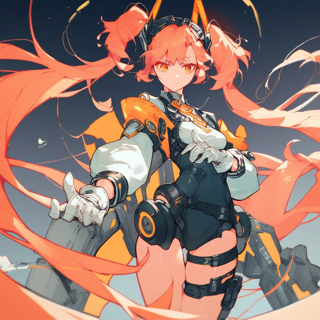 Score_9, score_8_up, score_7_up, e0s-ft, 1girl, long hair, twintails, gloves, breasts, thigh strap, headgear, jacket, orange eyes, white gloves, very long hair, long sleeves, bangs, small breasts, yellow eyes