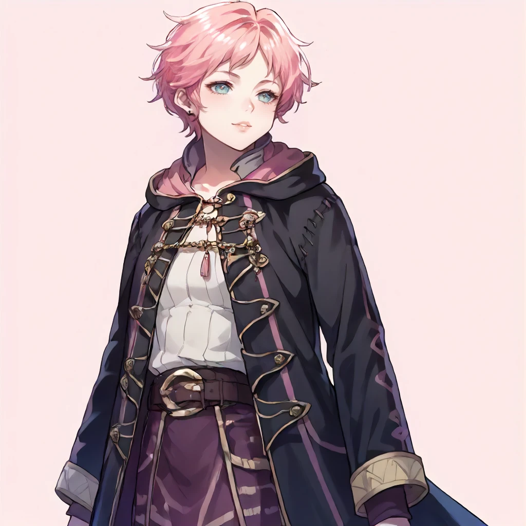 solo, simple background.  <lora:Clothing FE A Tactician Outfit :1> f3atact1c1an, long sleeves, long coat,   <lora:Character CL Aelita Schaeffer:1> cla3lita, 1girl, pink hair, score_9, score_8_up, score_7_up, score_6_up, score_5_up, score_4_up, masterpiece, detailxl. BREAK