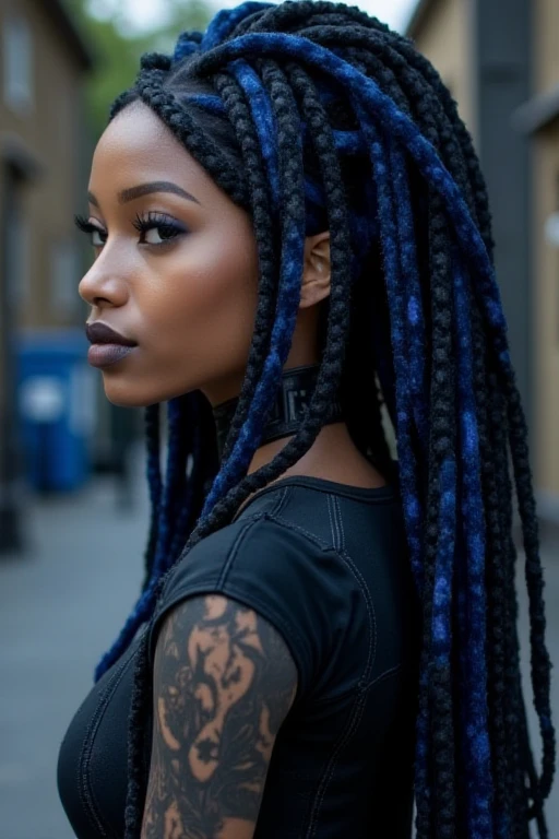 a high quality 4k detailed photo of a woman with blue and black dreads wearing AmeshinTHERE fashion