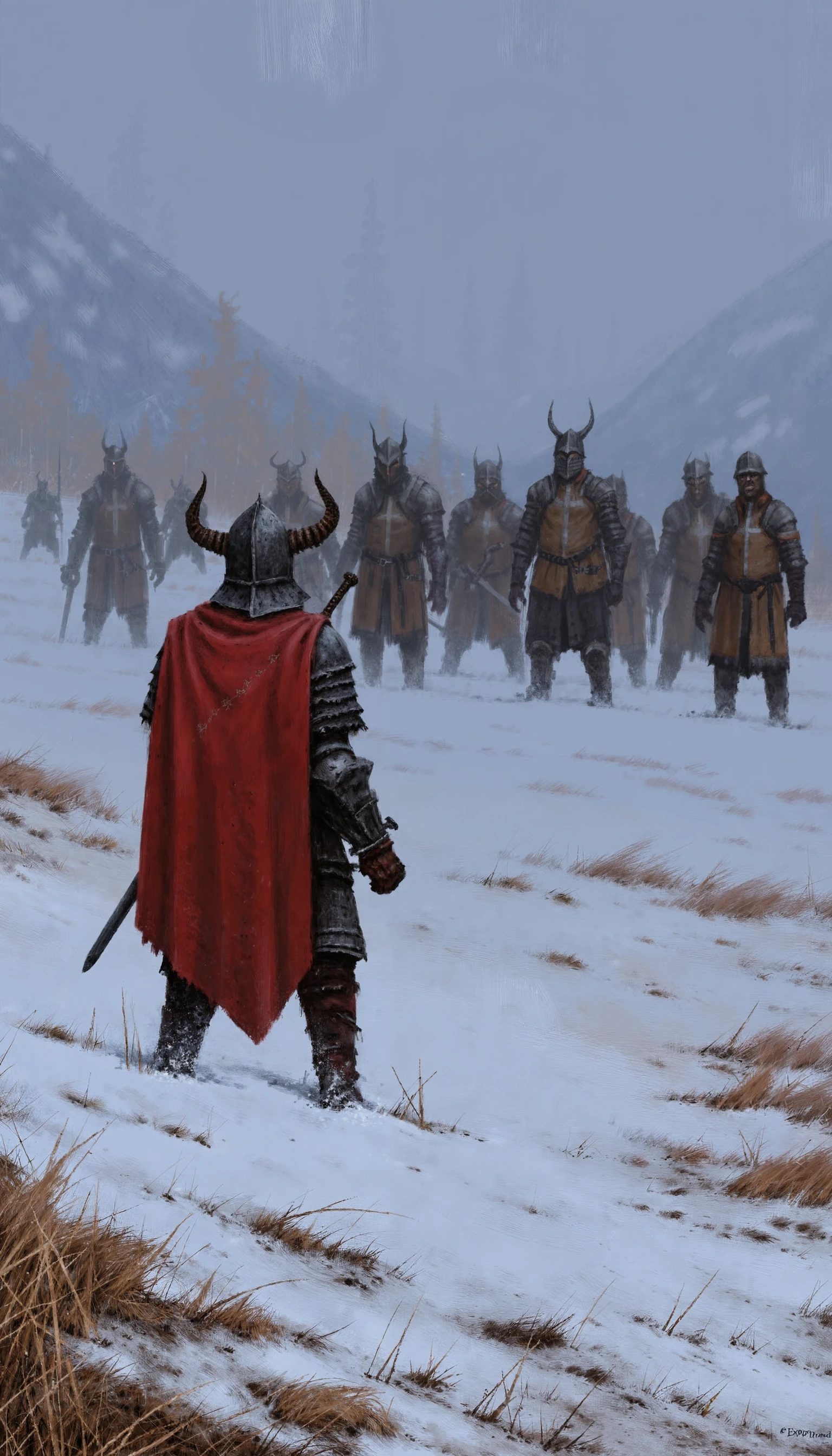 , a digital painting in a medieval fantasy style. The image depicts a snow-covered landscape with a group of armored warriors standing in a semi-circle, facing away from the viewer. The central figure, a lone warrior, stands in the foreground, facing the group. He is dressed in dark, weathered armor with a prominent red cape draped over his shoulders. His helmet is adorned with horns, and he holds a sword in his right hand. The ground is covered in snow, with patches of brown grass peeking through, adding texture and depth to the scene. The background features a misty, overcast sky, with faint outlines of distant mountains and trees, creating a sense of vastness and isolation. The warriors on the right side are clad in similar armor, with varying helmet designs, some featuring horns or spikes. Their expressions are stern, reflecting a sense of determination or readiness for battle. The overall color palette is dominated by cool tones, with blues and grays, enhancing the cold and desolate atmosphere. The image conveys a sense of tension and anticipation, with the lone warrior seemingly leading or challenging the group.