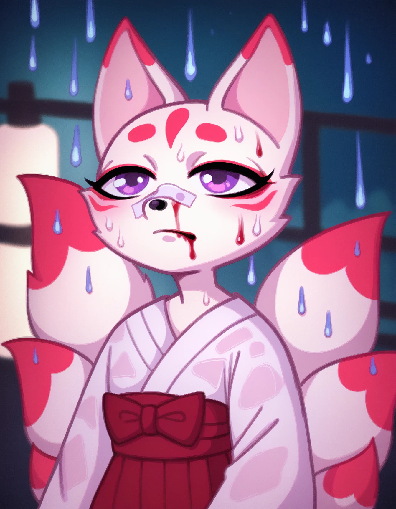 score_9, score_8_up, score_7_up, score_6_up, score_5_up, score_4_up,
Kumiko, white fur, purple eyes, kitsune, 5 tail, white kimono, red skirt, red belt, bandaid on nose, blurry background, pink lighting, night, dark, pink theme, blood on face, rain, closed mouth, sad face, pain, portrait,
 <lora:YouLookLonelyXL_byKonan:1>
<lora:Kumiko_XL:0.9>