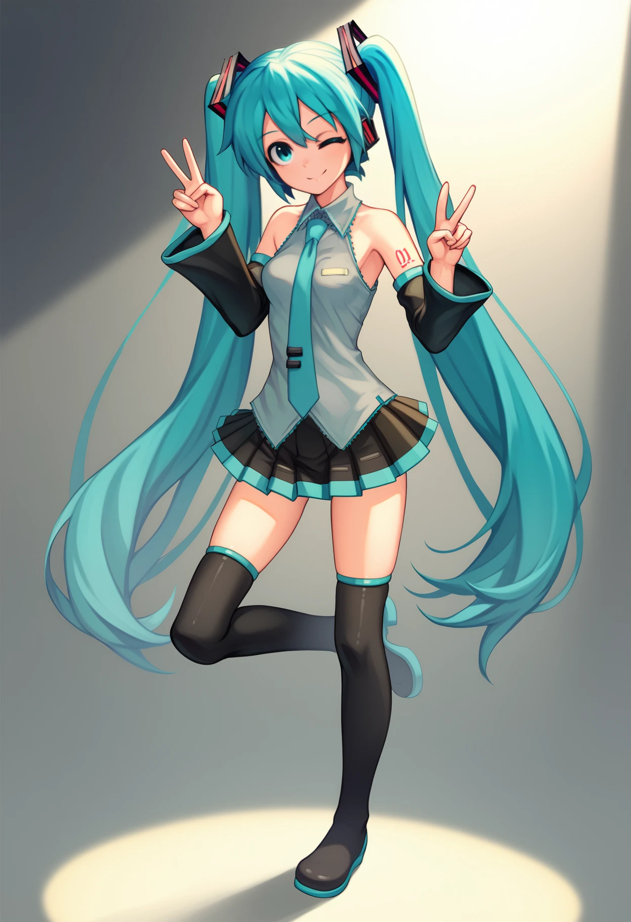 score_9, score_7_up, <break> solo, 1girl, hatsune miku, smile, looking at you, standing on one leg, peace sign, aqua hair, twintails, aqua eyes, one eye closed, grey shirt, sleeveless shirt, aqua necktie, detached sleeves, black skirt, black thighhighs, spotlight
 <segment:yolo-face_yolov8m.pt,0.4,0.5//cid=1>