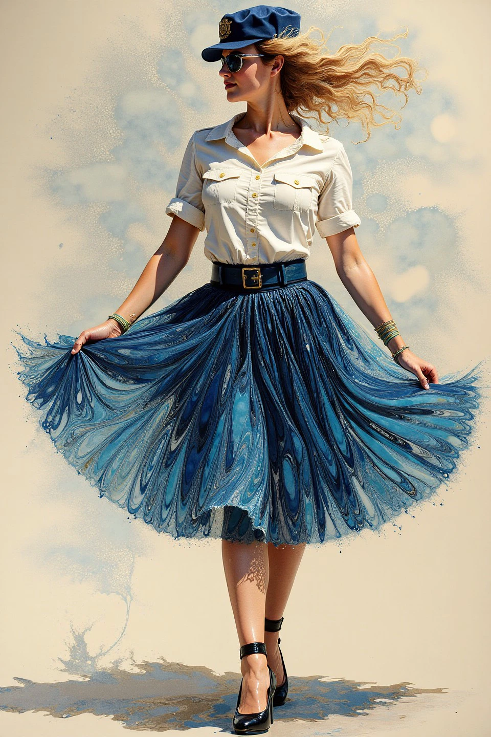 A sumptuous illustration depicting policewoman wearing tutu. The overall feel of the image is painterly. Additionally the image incorporates elements of mixed media such as flowing lines drawn with fine pens and appliqued silverleaf. The general effect is of timeless fine art elegance.. <lora:Paper_Marbling_Flux:1>