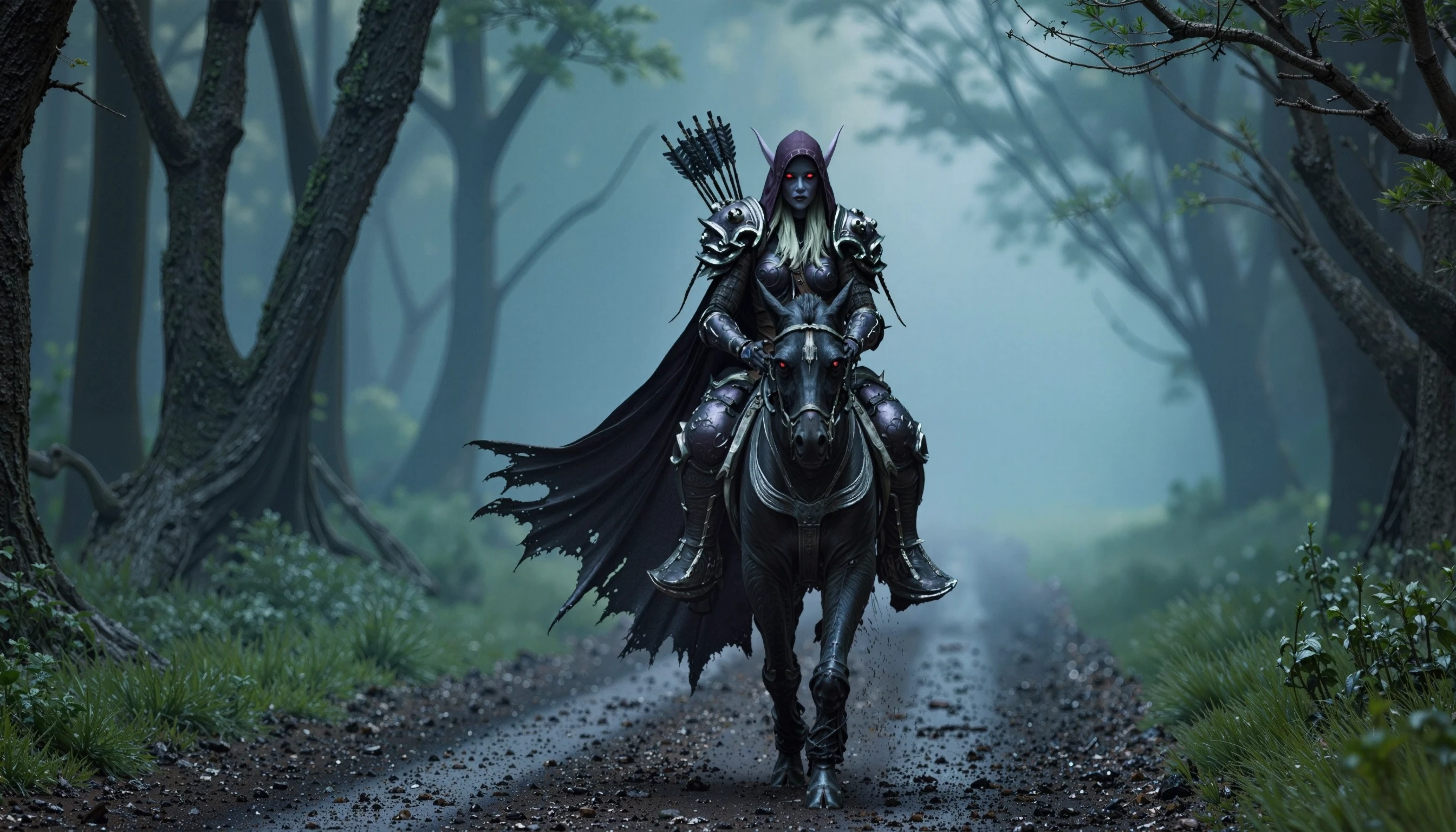 Subject: Lady Sylvanas rides a sleek, black stallion at full gallop down a winding dirt road. Her dark, flowing cloak billows behind her, and her pseudo-wedding dress has been altered for practicality, featuring a blend of dark leather and metal accents. Her eyes are focused and fierce, and her silver armor catches the sparse light filtering through the forest canopy.

Background: The scene is set in a dark, foreboding forest with towering, gnarled trees and a dense mist that obscures the undergrowth. The dirt road is rough and uneven, with patches of mud and scattered leaves. The overall atmosphere is heavy with gloom, and the forest is shrouded in shadow, allowing only fleeting beams of light to penetrate through the thick foliage. The swift motion of the stallion and the somber tones of the setting enhance the sense of urgency and danger.

High quality, high resolution, dramatic lighting, cinematic, rule of thirds, cinemascope, film grain