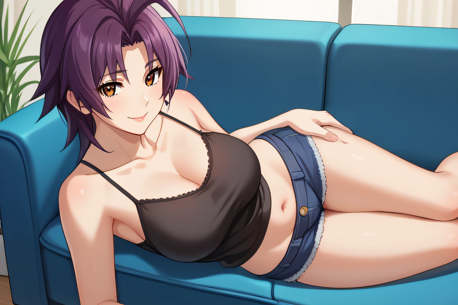 score_9, score_8_up, score_7_up, source_anime, rating_safe, intricate details, anime screencap, official style, 1girl, <lora:Azuma_Marina:1>, marina, purple hair, brown eyes, large breasts, collarbone, black camisole, sleeveless, tummy, navel, blue denim shorts, looking at viewer, smile, lying on couch, barefeet, full body, hand on own thighs