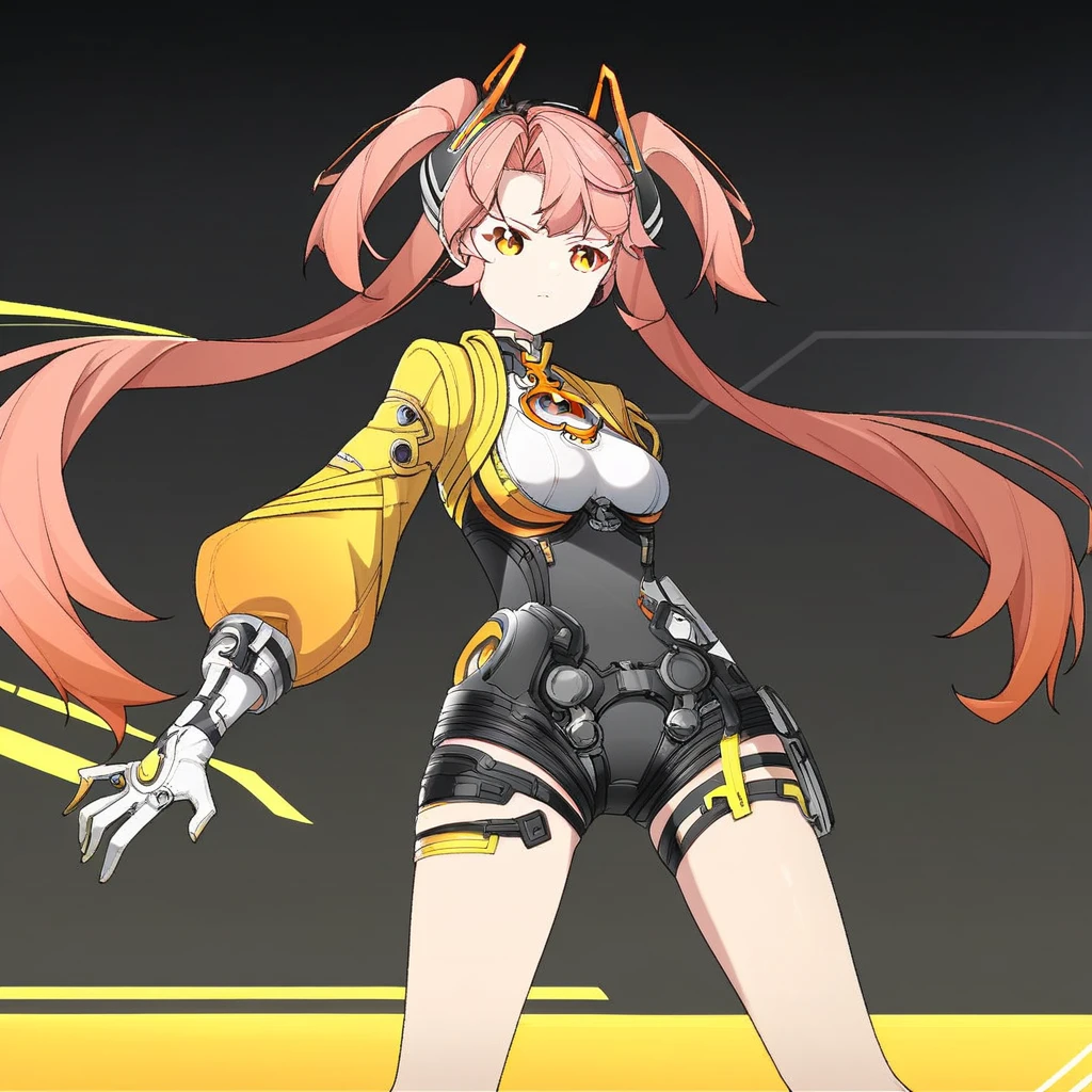 e0s-ft, 1girl, long hair, twintails, gloves, breasts, thigh strap, headgear, jacket, orange eyes, white gloves, very long hair, long sleeves, bangs, small breasts, yellow eyes